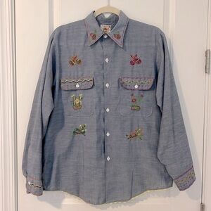 Vintage JC Penny Big Mac Chambray Hand Embroidered Mexican Fiesta Button Shirt